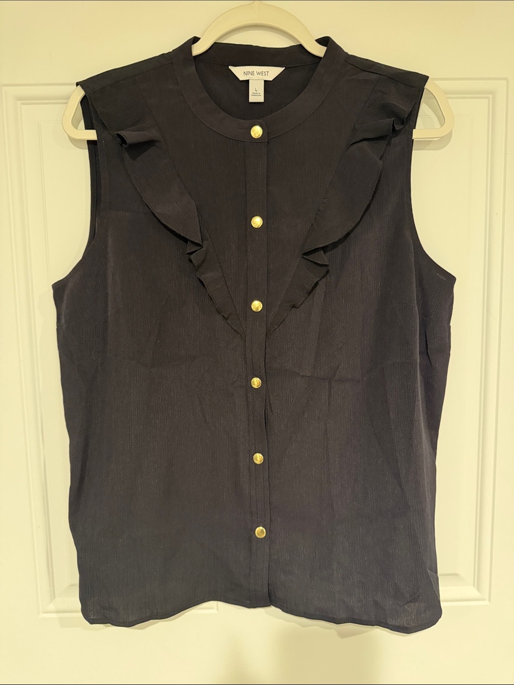 Nine West Black Sleeveless Ruffle-Front Button Top